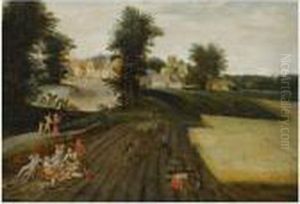 A Landscape With Farmers
Harvesting, Figures Having A Picknick To The Left, A Village Beyond by Jacob Grimmer