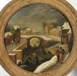 Winter Scene With Skaters On A Frozen Canal In A Village by Jacob Grimmer