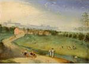 An Extensive Landscape With 
Figures On A Meadow Near A Stream, A Horse-drawn Cart In The Foreground by Jacob Grimmer