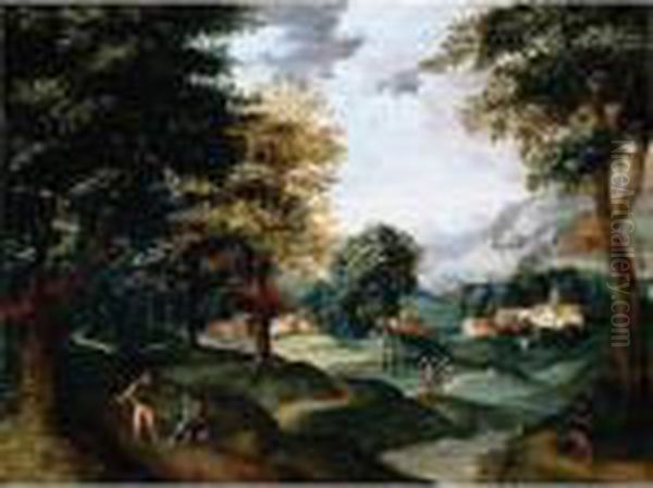 A Landscape With Travellers Resting On A Path In The Foreground, A Village Beyond - view 1