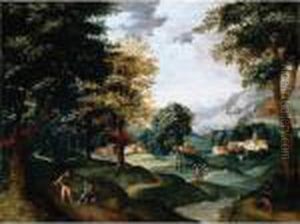 A Landscape With Travellers Resting On A Path In The Foreground, A Village Beyond by Jacob Grimmer