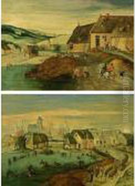 Winter: A Landscape With Figures
Skating On A Frozen Pond, An Ox-drawn Wagon With Soldiers In The
Foreground, A Village With A Church Beyond - view 1