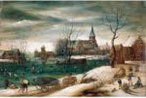 A Winter Landscape With Figures Skating On A Frozen River Before A Church by Jacob Grimmer