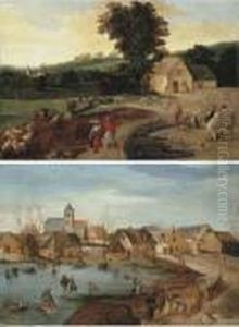 Summer: A Landscape With
Peasants, Cattle And Sheep; And Winter: Avillage Scene With Skaters On A
Frozen Lake by Jacob Grimmer