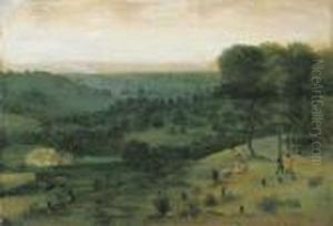 An Extensive Wooded Landscape With Huntsmen, A Peasant And Cattlein The Distance by Jacob Grimmer