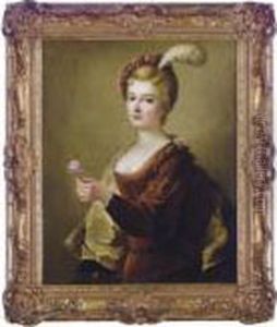 Portrait Of A Lady,
Traditionally Identified As Mademoiselle Dumesnil, Half-length, In A
Brown Dress And Hat, Holding A Rose by Jean-Alexis Grimou