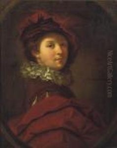 Portrait Of A Young Gentleman, 
Half-length, In A Red Costume With Awhite Collar And Red Plumed Cap, In A
 Painted Oval