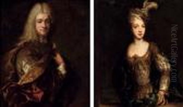 Portrait Of A Gentleman, 
Half-length, In A Silver Costume And Red And Gold Wrap; And Portrait Of A
 Lady, Half-length, In A Gold And Silver Dress And A Green Robe - view 1