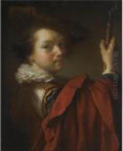 Portrait Of A Gentleman, Half Length, Wearing Armour, A Hat And A Red Cape by Jean-Alexis Grimou
