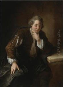 Portrait Of A Contemplative
Gentleman, Said To Be A Huguenot, Resting His Arm On An Open Book by Jean-Alexis Grimou