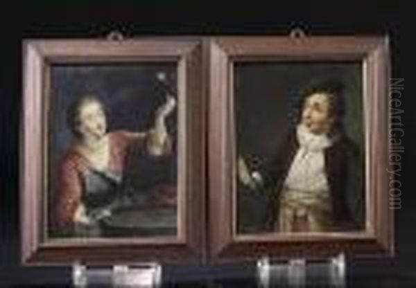 A Girl At A Table Wearing A Red Dress Playing With A Ball;
A Young Boy Wearing A White Chemise A Brown Coat And A Green Hat - view 1