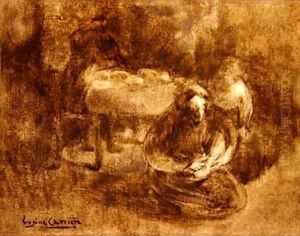 Woman typing a childs shoe laces by Eugene Carriere