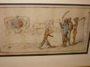 Cat With A Satchel And Sword Approaching Three Figures With Scythes