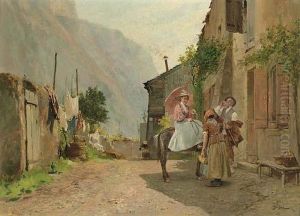 Dame A Dos De Mulet Discutant Avec Deux Paysans by Francois Adolphe Grison