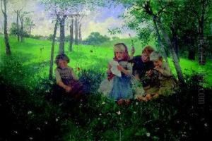 Spielende Kinder Auf Der Wiese. by Conrad Grob