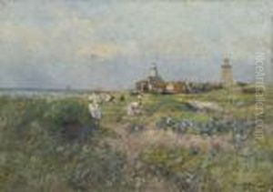 Children Playing In The Dunes Of Katwijk by German Grobe