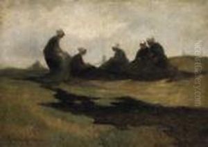 Fishergirl Patching The Net In The Dunes. Signed Lower Left: German Grobe
