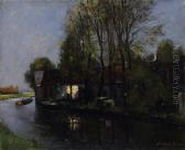Dutch Canal Landscape With Village. Signed Bottom Right: German Grobe - view 1