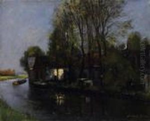 Dutch Canal Landscape With Village. Signed Bottom Right: German Grobe