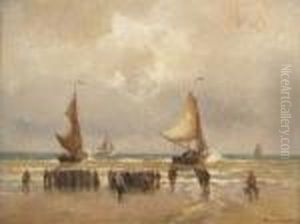 Fischer Und Ihre Frauen Am Strand Bei Den Booten.