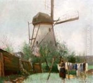 Fruhlingslandschaft Mit Windmuhle, Eine Frau Hangt Die Wasche Auf