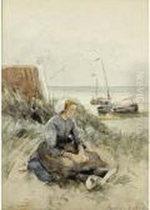 A Dutch Fisherwoman Seated In The Dunes, The Beach And Sea Beyond