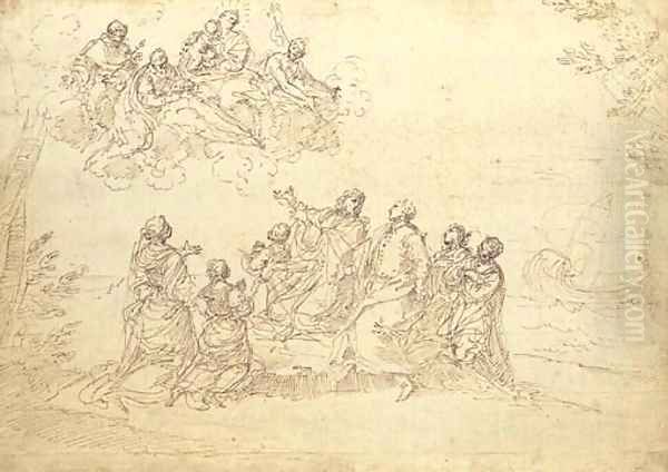 A patrician family kneeling on a seashore experiencing a vision of the Madonna and Child and Saint Dominic, Saint John the Baptist and another saint - view 1