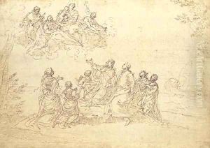 A patrician family kneeling on a seashore experiencing a vision of the Madonna and Child and Saint Dominic, Saint John the Baptist and another saint by Donato Creti