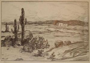 Mission Church;
Arizonalandscape; Mountainside With Trees; Arizona Sky And Wheat
Field:five by Albert Lorey Groll