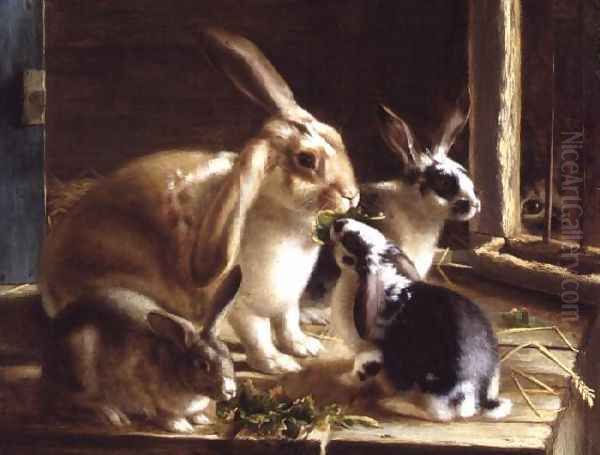 Long-eared rabbits in a cage, watched by a cat - view 1