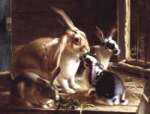 Long-eared rabbits in a cage, watched by a cat by Horatio Henry Couldery