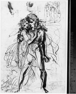 Young Lovers Embracing,with A 
Subsidiary Study Of The Compositionand Two Studies Of The Man's Head by Antoine-Jean Gros