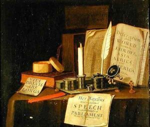 A Trompe L'Oeil With A Pewter Ink Stand, Books And Papers, 1702 by Edwart Collier