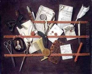 Trompe l'oeil letter rack with a miniature portrait of a young man in armour, 1697 by Edwart Collier