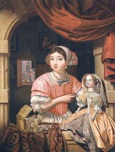 Girl holding a doll in an interior with a maid sweeping behind
