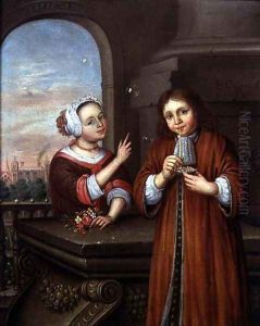 Girl pointing at a boy blowing bubbles in an architectural setting by Edwart Collier