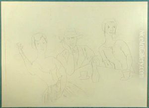 Zwei Frauen Und Mann Mit Hut 
Beim Kaffeetrinken. Lithographieauf Buttenpapier Aus Einem Herbarium