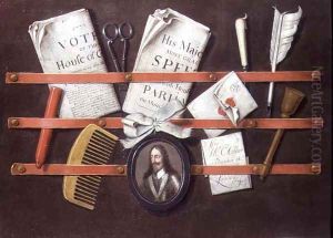 Letter rack with documents and miniature of Charles I by Edwart Collier