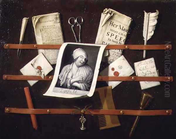 Trompe l'oeil letter rack with a print of a woman and a Parliamentary speech of 1704 - view 1