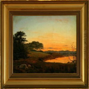 Sunset On A Calm Evening At Bagsvaerd Lake, Denmark. Signed And Dated V. Groth 1865 by Vilhelm Georg Groth