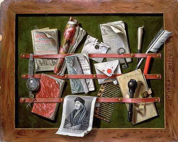 Trompe l'oeil letter rack with a print of an old man, 1703 - view 1