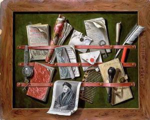 Trompe l'oeil letter rack with a print of an old man, 1703 by Edwart Collier