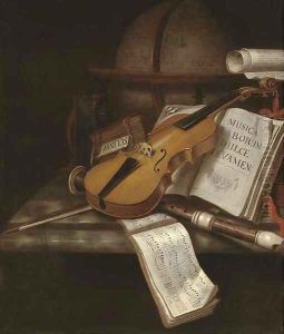 A vanitas still life with a violin, a recorder, books, a scroll and music with a globe on a marble ledge by Edwart Collier