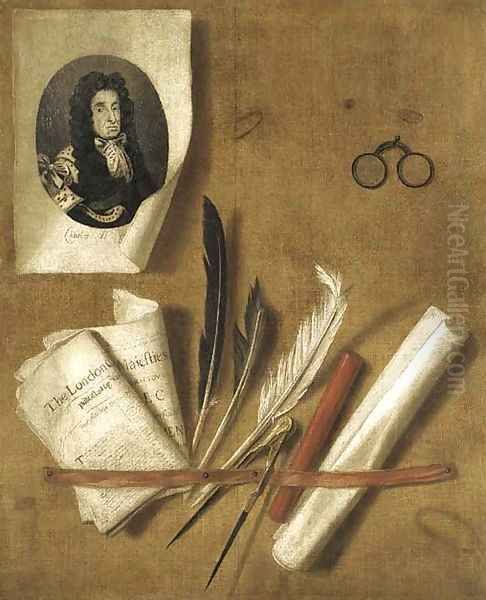 A trompe l'oeil still life of an engraving of King Charles II, newspapers, feathers, a compass, a sealing wax stick, a scroll and a pair of glasses - view 1