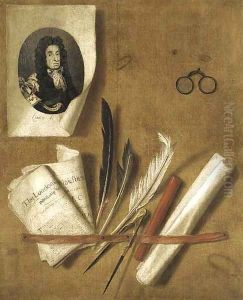 A trompe l'oeil still life of an engraving of King Charles II, newspapers, feathers, a compass, a sealing wax stick, a scroll and a pair of glasses by Edwart Collier