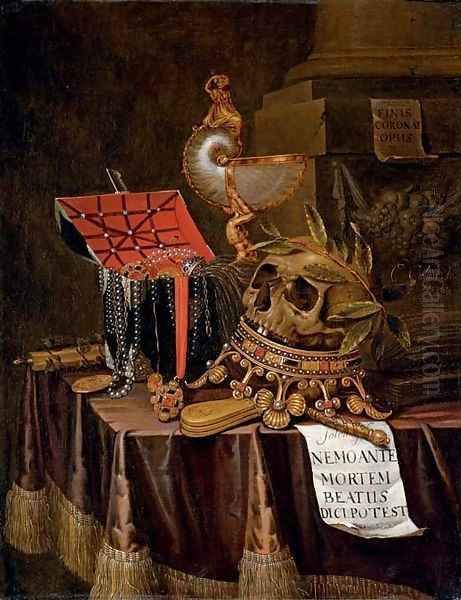 A vanitas still-life with a chest of jewels, a nautilus cup, an upturned crown and a skull resting on the top with a note - view 1