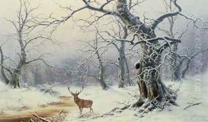 A Stag in a wooded landscape by Nils Hans Christiansen