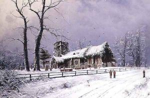 Winter Scene with Figures on a Path near a Church by Nils Hans Christiansen