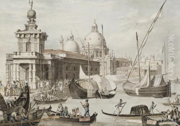 Vue De L'eglise De La Salute Et
De La Pointe De La Dogana A Venise, Des Gondoles Au Premier Plan - view 1