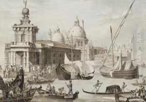 Vue De L'eglise De La Salute Et 
De La Pointe De La Dogana A Venise, Des Gondoles Au Premier Plan